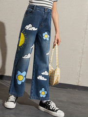Girls Sun Flower Cloud Print Denim Trousers for Daily Wear