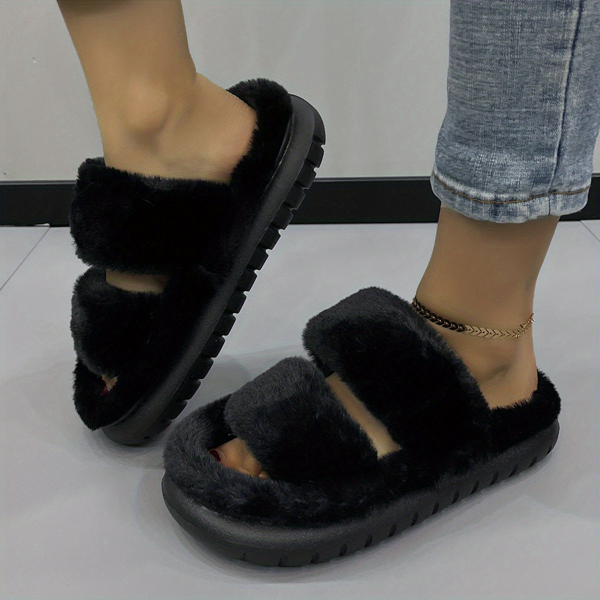 Women's Fuzzy House Slippers Warm & Comfy Open Toe Indoor Shoes Non Slip