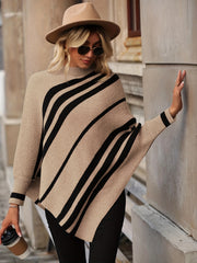 Striped Print Knit Sweater Asymmetrical Sleeve Women's Clothing