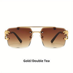 Metal Double Beam Sunglasses Leopard Rimless Square Glasses