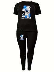 Women's Plus Bear & Letter Print Top & Leggings Outfits 2 Piece Set