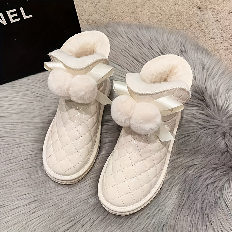 Women's Quilted Winter Snow Boots with Pom Poms