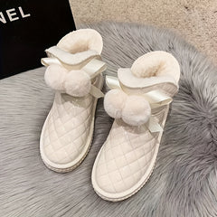 Women's Quilted Winter Snow Boots with Pom Poms