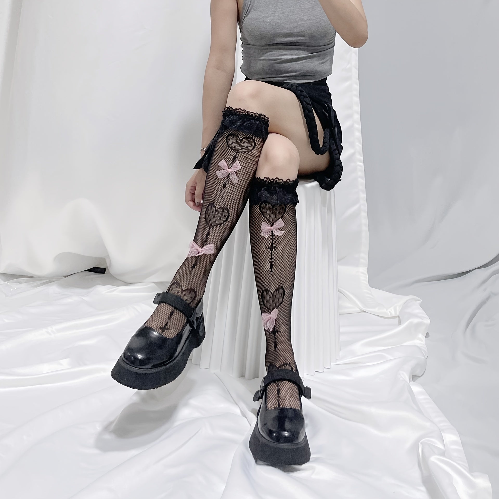 Sweet Lace Trim Calf Socks With Bow Tie Mesh Knee High Stockings