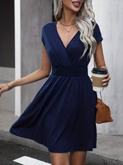 Surplice Neck Cap Sleeve Dress Casual Shirred Waist Solid Dress