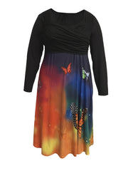 Colorblock Ombre & Butterfly Print Long Sleeve Dress