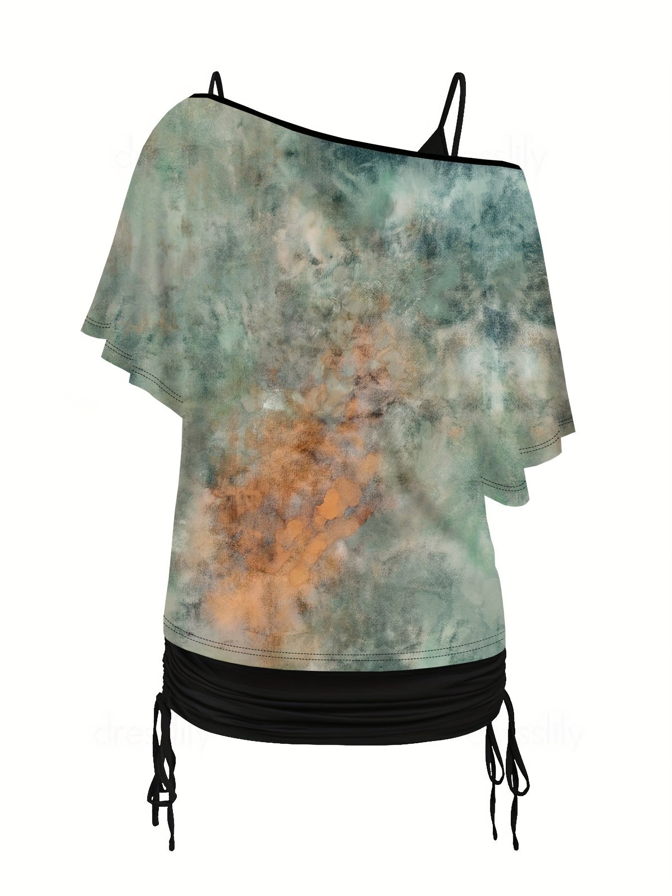 Plant Print 2 Piece Set Cold Shoulder & Ruched Cami Outfits