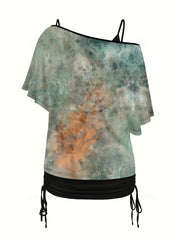 Plant Print 2 Piece Set Cold Shoulder & Ruched Cami Outfits