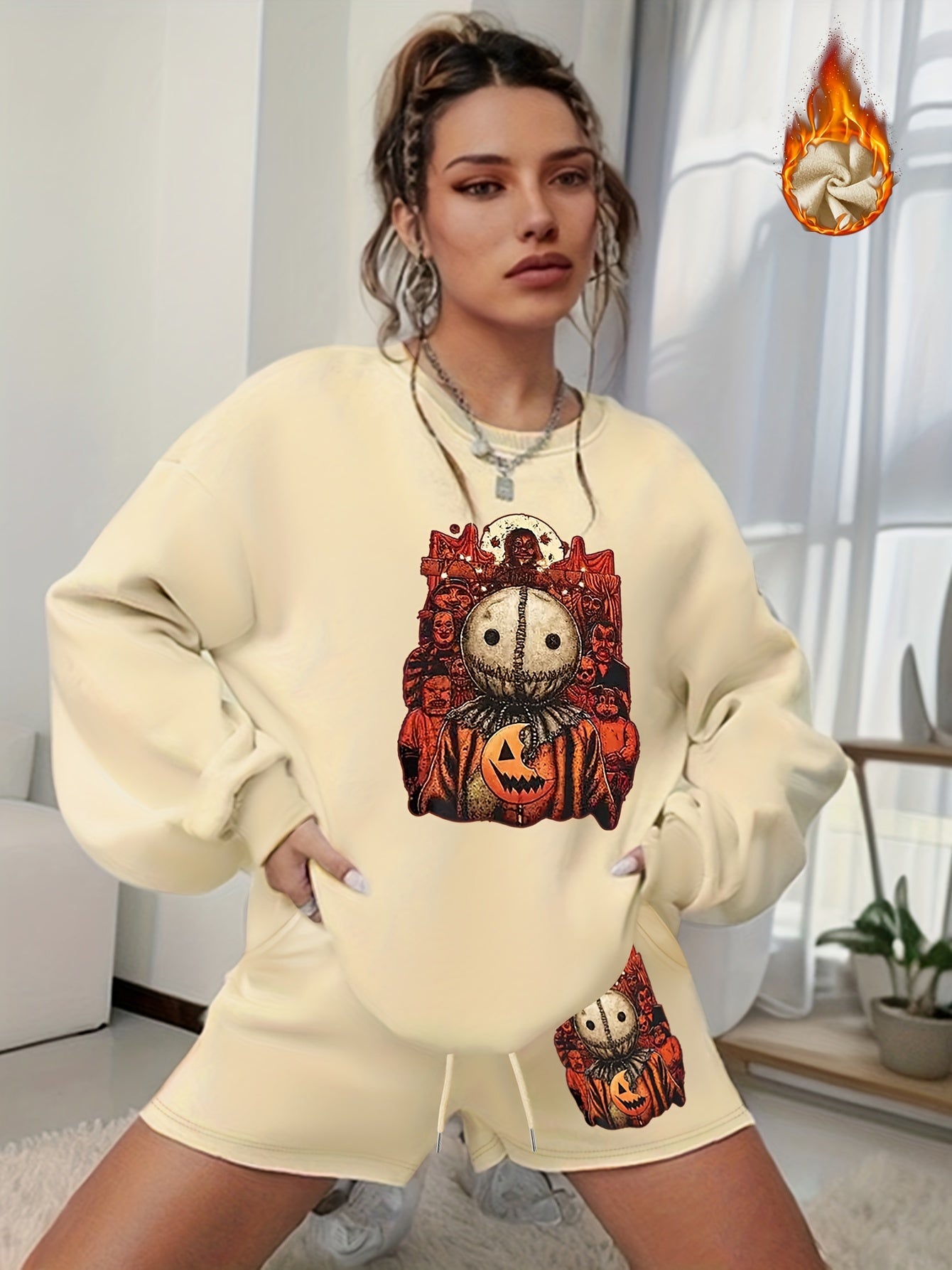 Women's Plus Graphic Print Sweatshirt & Shorts 2pcs Set