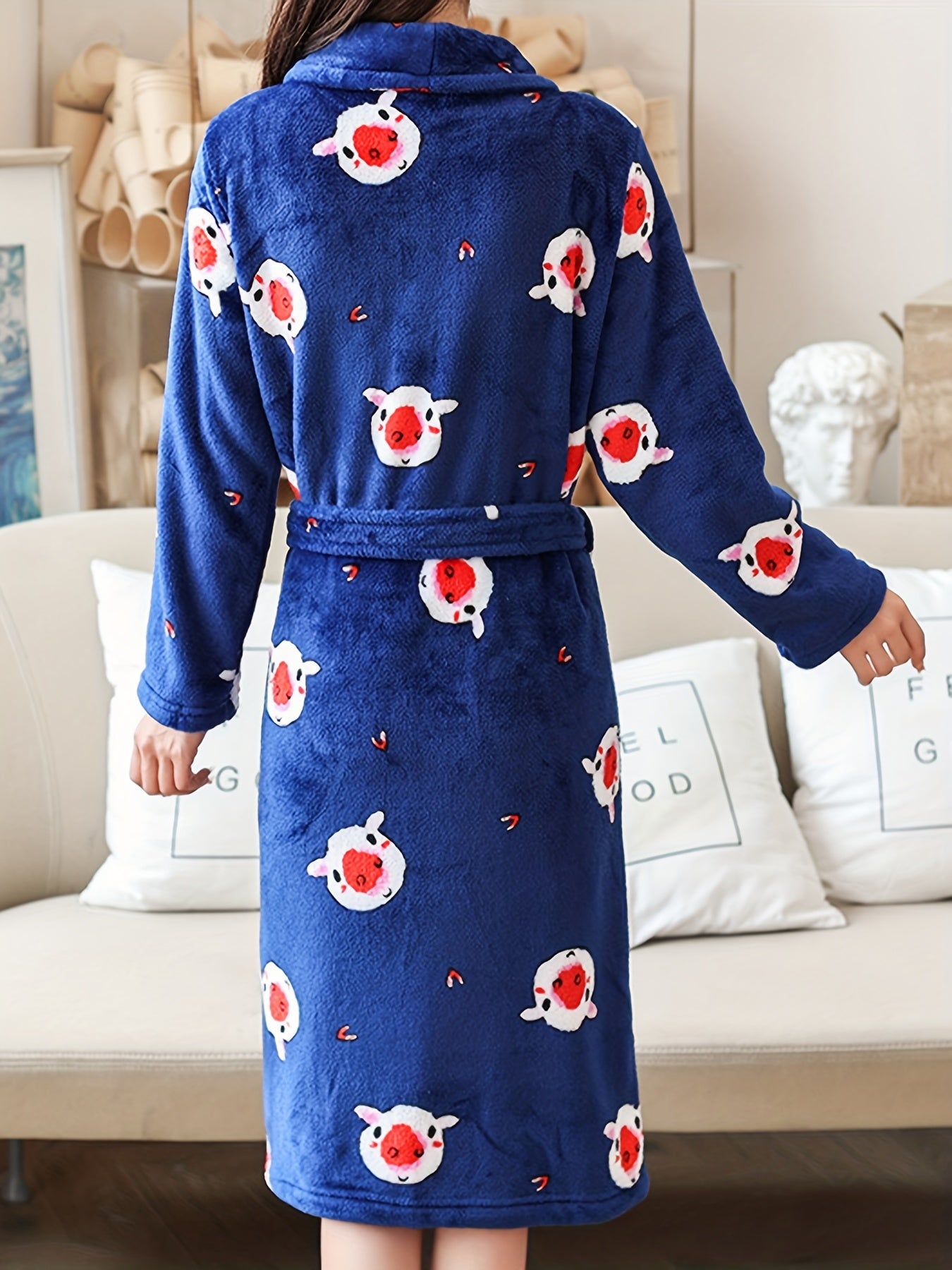 Women's Pig Print Fuzzy Lounge Robe Long Sleeve Warm Robe