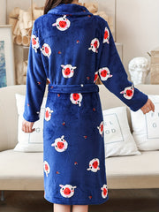 Women's Pig Print Fuzzy Lounge Robe Long Sleeve Warm Robe