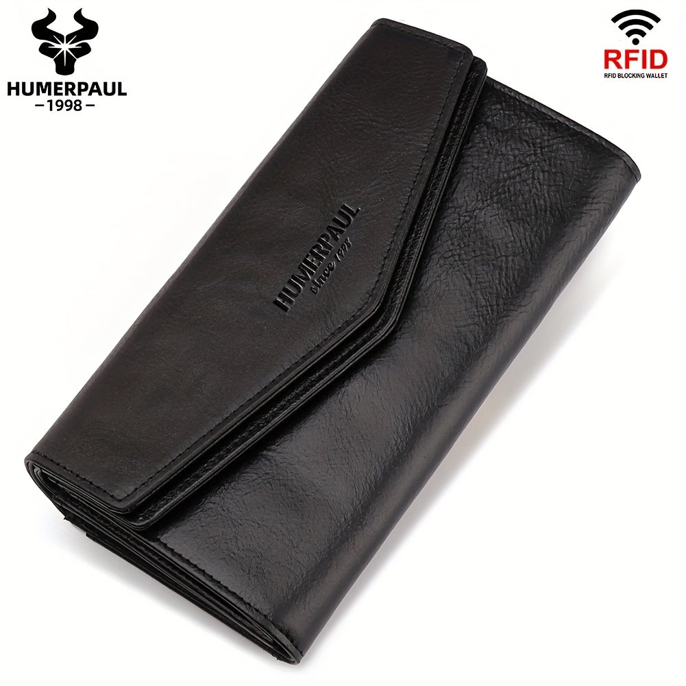 Women's Vintage Envelope Wallet Top Grain Leather Snap Closure Zip Pocket