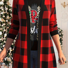 Plaid Print Long Sleeve Open Front High Stretch Cardigan