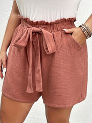Casual Shorts Women's Plus Solid Paperbag Waist Belted Loose Shorts