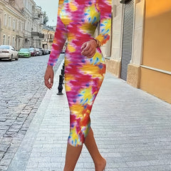 Tie Dye Print Bodycon Midi Dress Sexy Long Sleeve