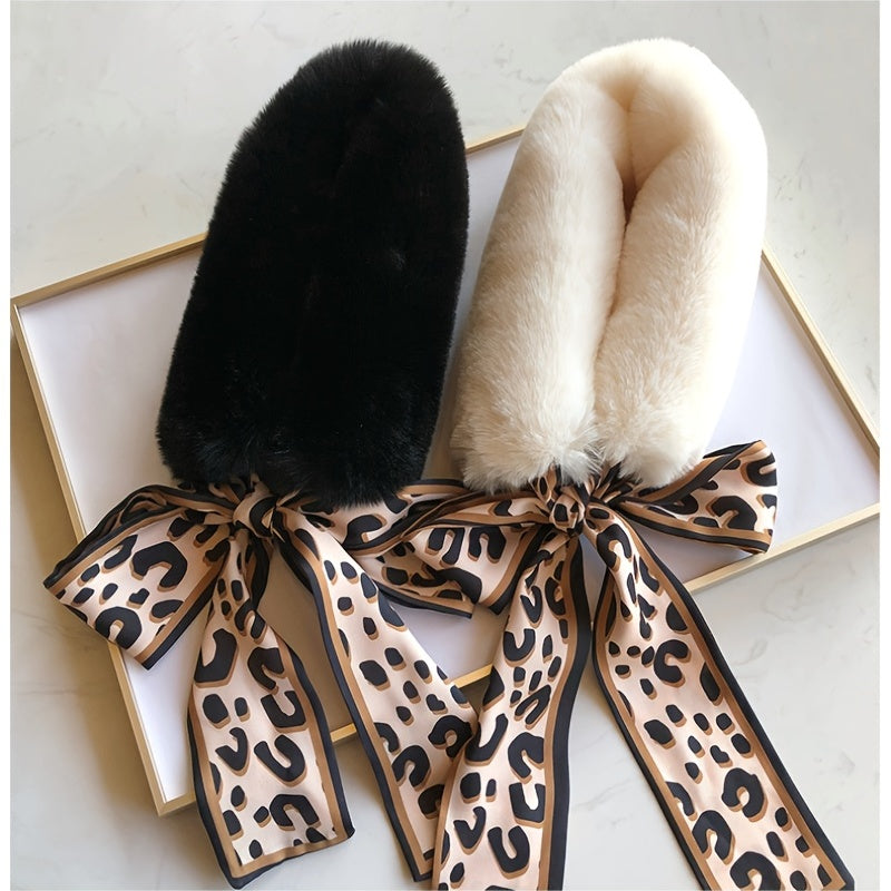 Leopard Scarf Ribbons Faux Fur Winter Wrap Collar Scarf