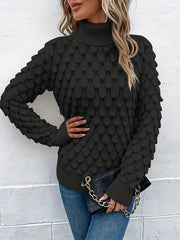 Fish Scale Turtleneck Sweater Long Sleeve Knit Casual Solid