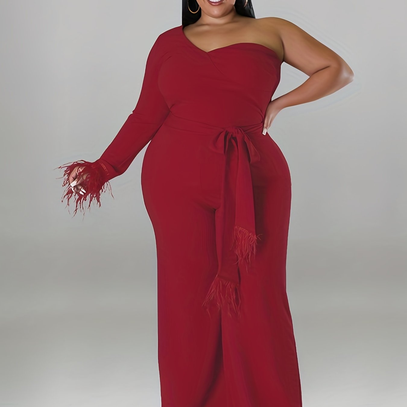 One Shoulder Long Sleeve Wide Leg Jumpsuit With Belt