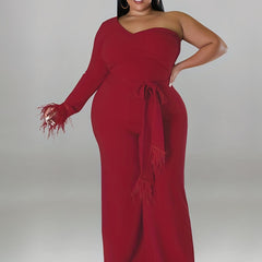 One Shoulder Long Sleeve Wide Leg Jumpsuit With Belt
