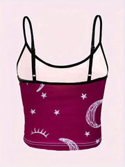 Graphic Print Spaghetti Strap Top Backless Crop Cami