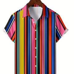 Colorful Stripes Print Men's Short Sleeve Shirt for Beach Summer