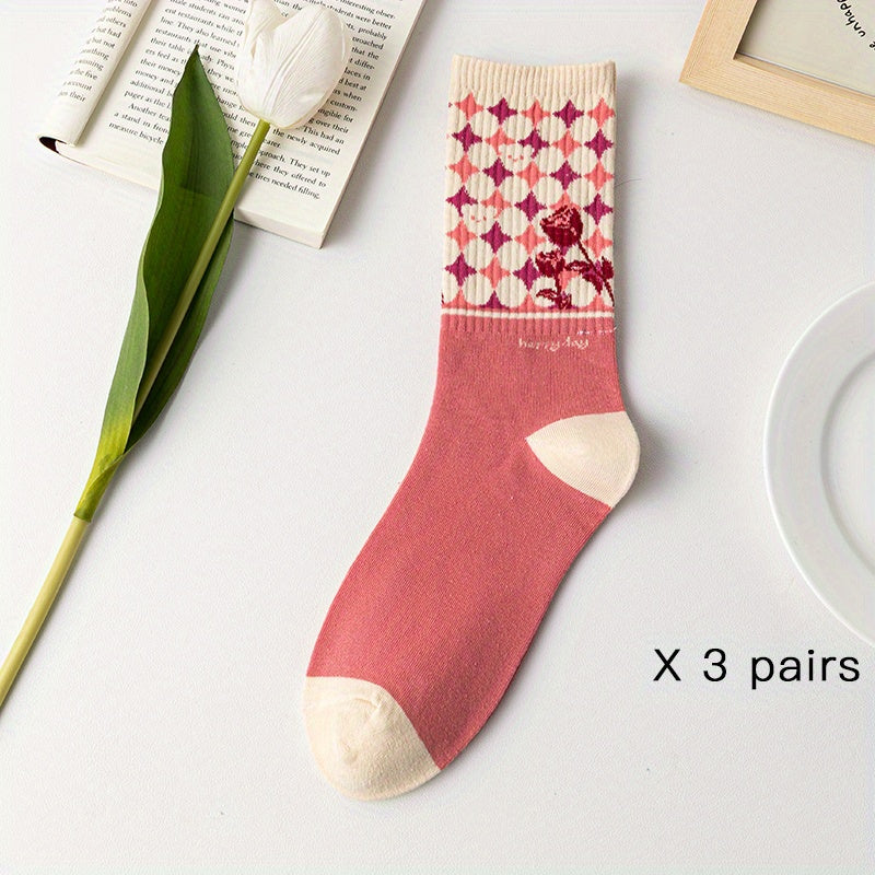 3 Pairs Floral Print Socks Comfy & Breathable Women's Stockings