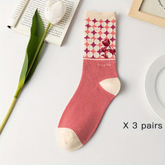 3 Pairs Floral Print Socks Comfy & Breathable Women's Stockings