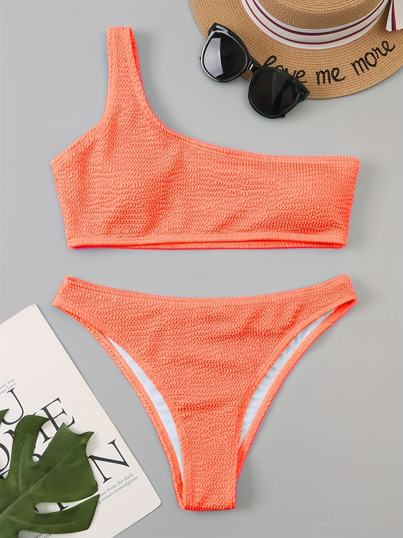 Green Embossed Striped Print Bikini Set One Shoulder High Cut 2 Pieces Swimsuit