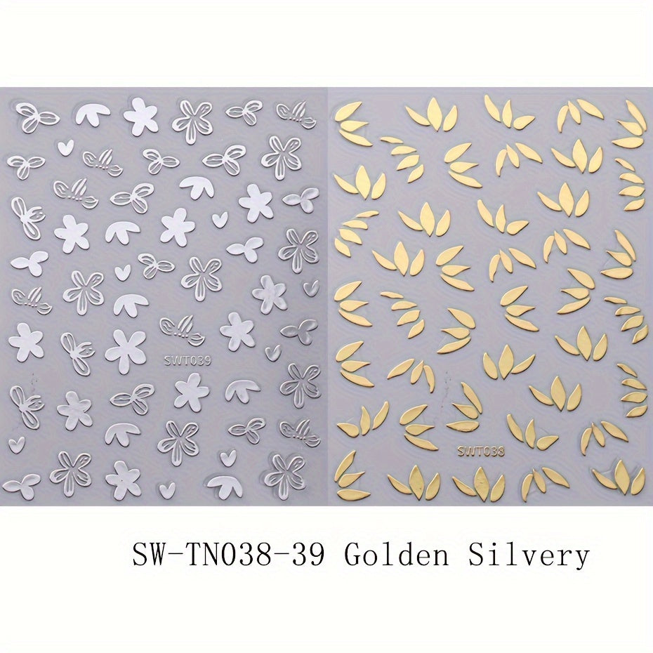 Metallic Leaf Nail Art Stickers Flower Rose Golden Silvery Mirror Spring Petal