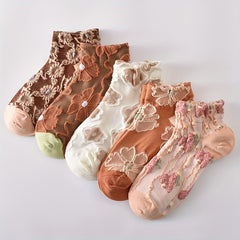 5 Pairs 3D Floral Textured Socks Retro Style Short Women's Stockings