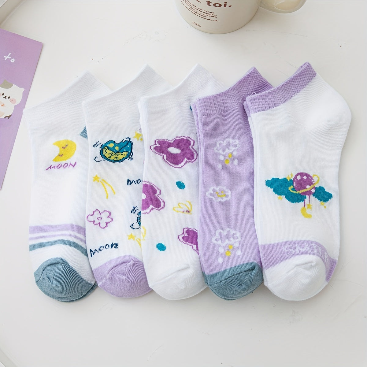 5 Pairs Floral & Starry Print Ankle Socks Women's Stockings & Hosiery
