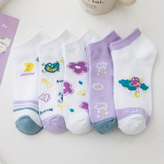 5 Pairs Floral & Starry Print Ankle Socks Women's Stockings & Hosiery