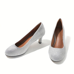 Women's Glitter Silver Slip On Kitten Heel Shoes