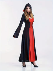 Colorblock Lace Up Bell Sleeve Hooded Maxi Dress