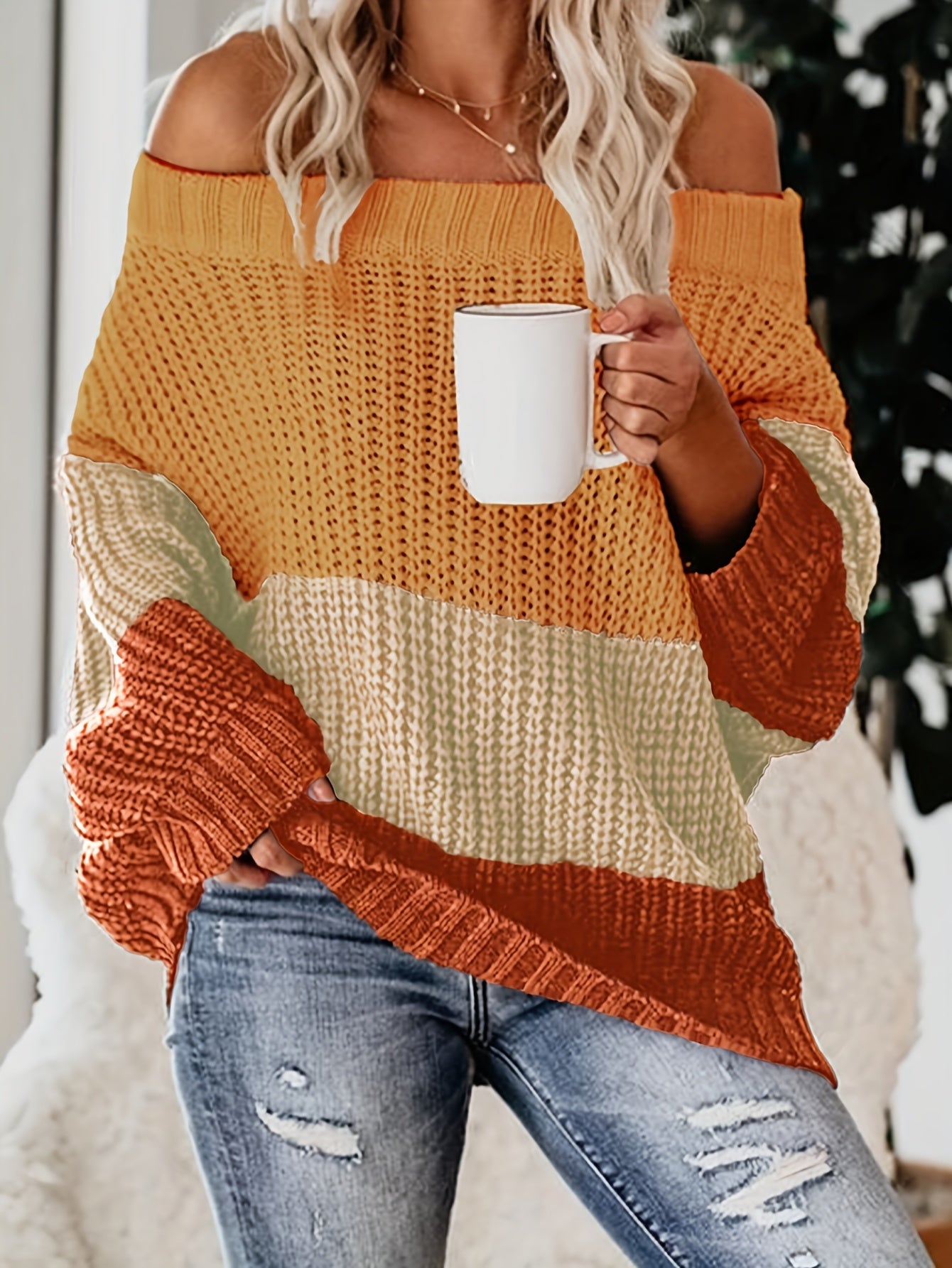 Off Shoulder Block Knit Sweater Long Sleeve Casual Loose