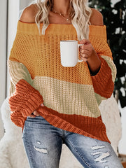 Off Shoulder Block Knit Sweater Long Sleeve Casual Loose