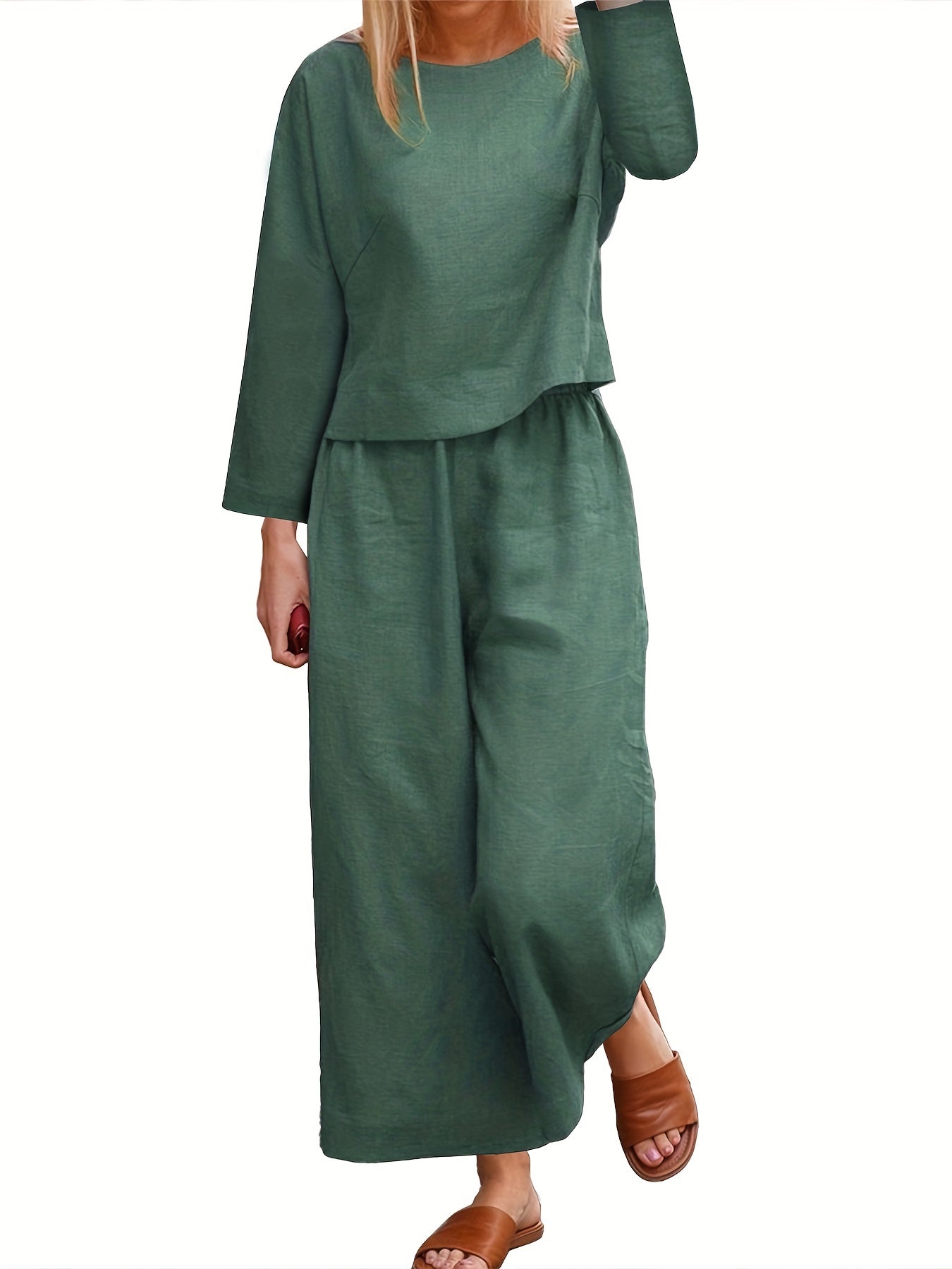 Casual Boat Neck Long Sleeve Tops & Wide Leg Pants Set