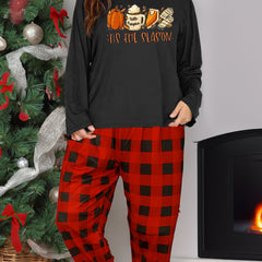 Cake & Scarf Print Top & Plaid Pants Pajama Set