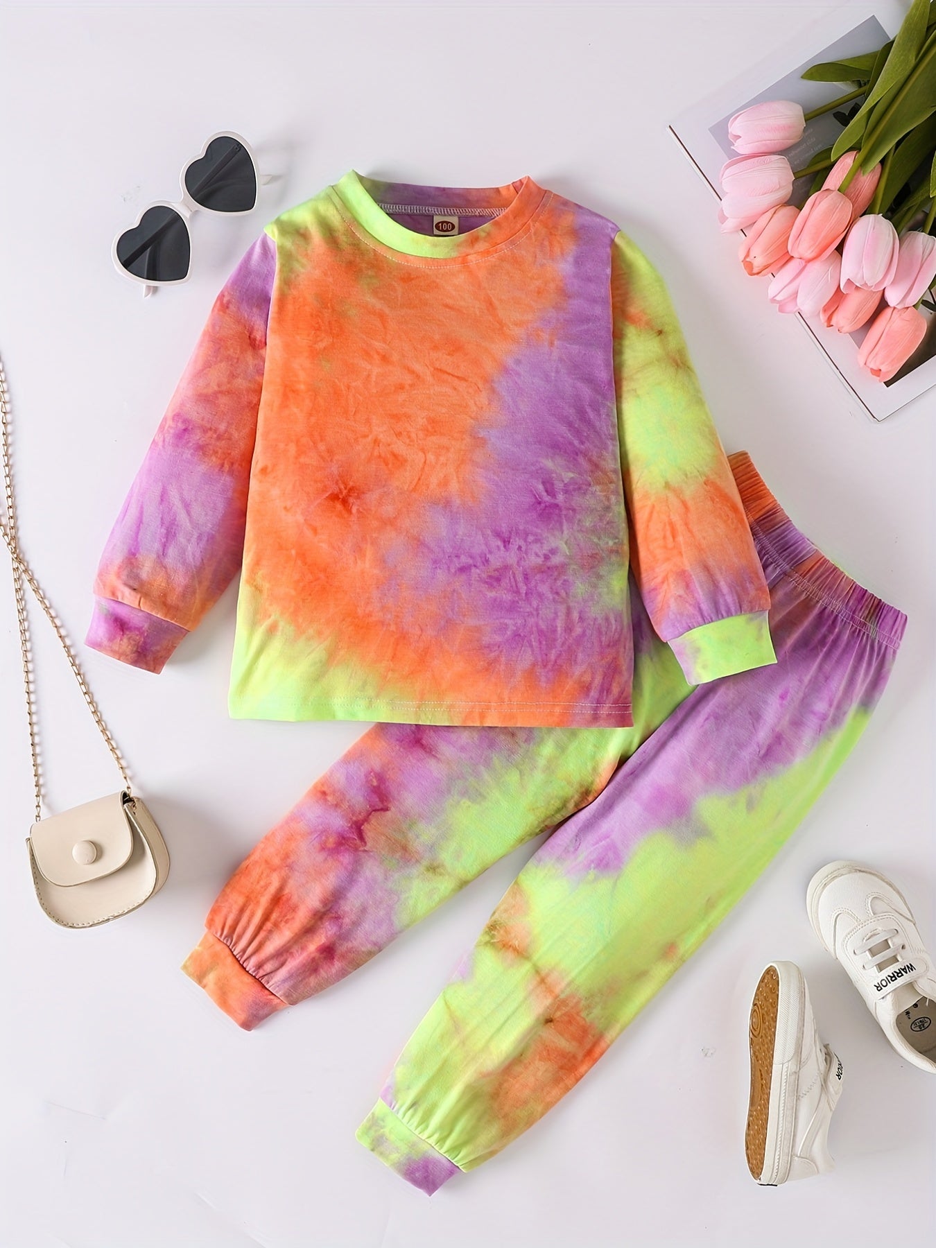 Girls' Rainbow Tie Dye Print Set, Long-sleeved Trousers