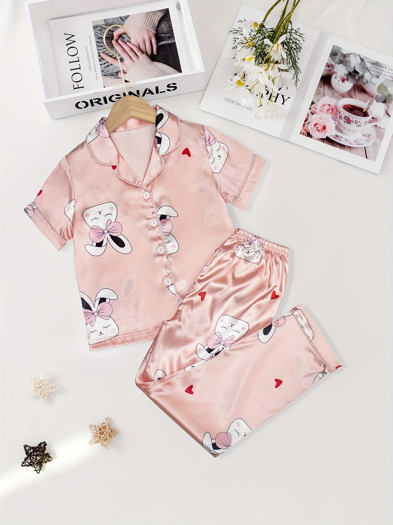 Girls Rabbit Graphic Pajama Set Short Sleeve Top & Pants Sleepwear