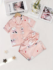 Girls Rabbit Graphic Pajama Set Short Sleeve Top & Pants Sleepwear