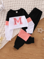 Girl's Letter M Pattern 2pcs Sweatshirt & Sweatpants Set