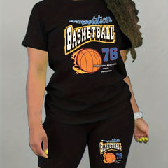 2pcs Basketball Graphic Crew Neck Sports Set