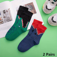 2 Pairs Shark & Crocodile Print Crew Socks Funny Cartoon Women's Stockings