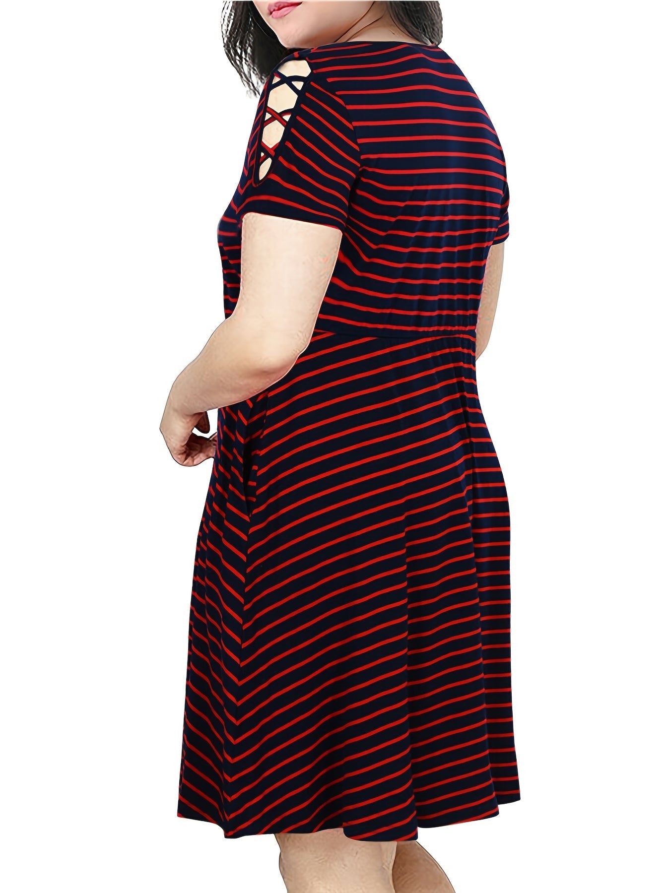 Strip Print Criss Cross Short Sleeve Midi Dress Women's Plus