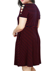 Strip Print Criss Cross Short Sleeve Midi Dress Women's Plus