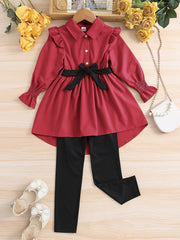 Girl's Lapel Top & Trousers Set With Belt