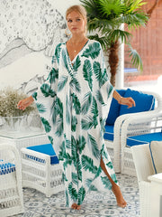 Tropical Print Maxi Kaftan Beach Dress V Neck Split Abaya Dress