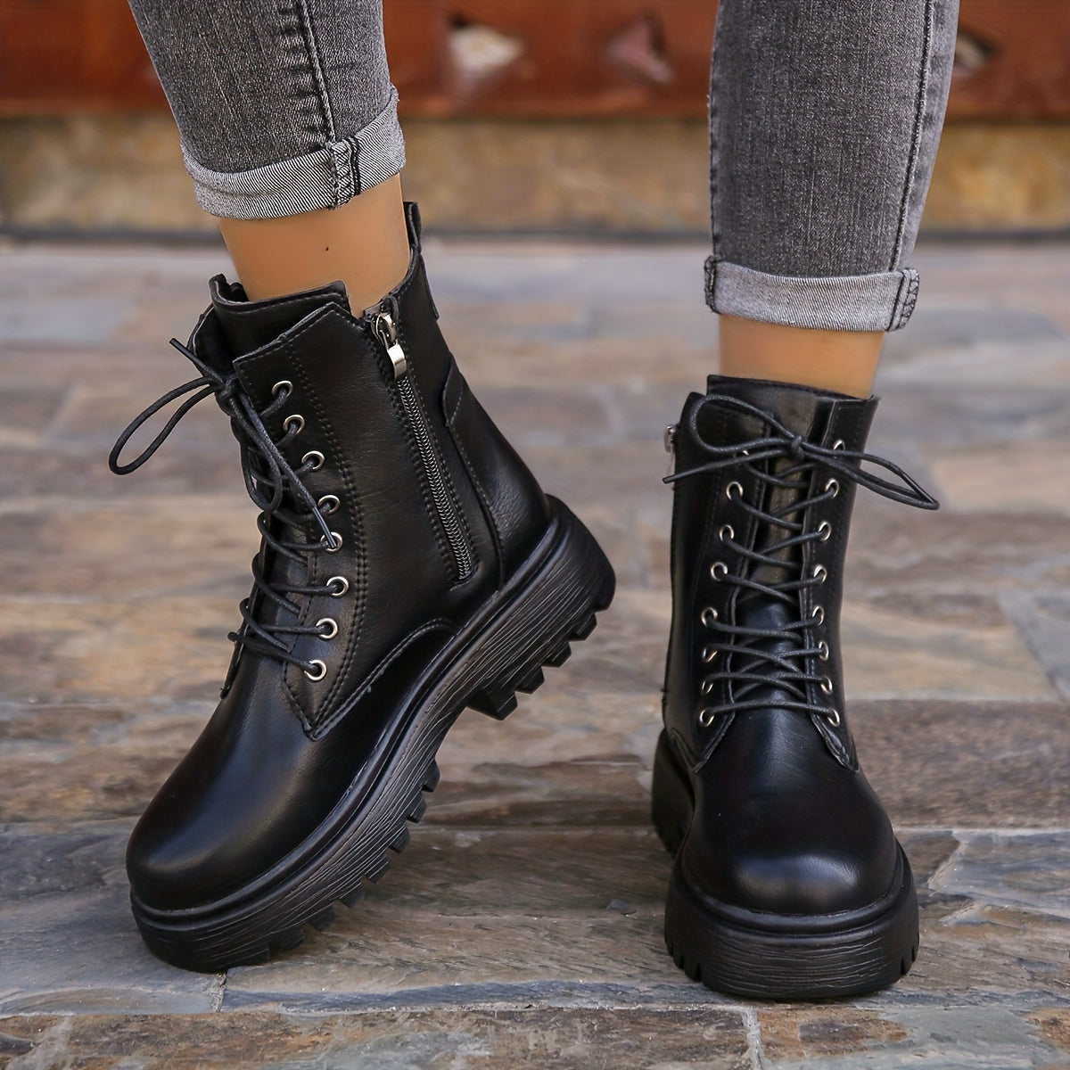 Women's Lace-Up Side Zipper Combat Boots Faux Leather Comfortable Boots