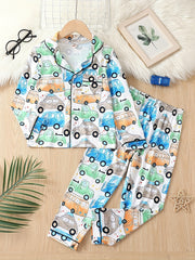 Boy's Graffiti Car Print Pajama Set Long Sleeve Top & Pants